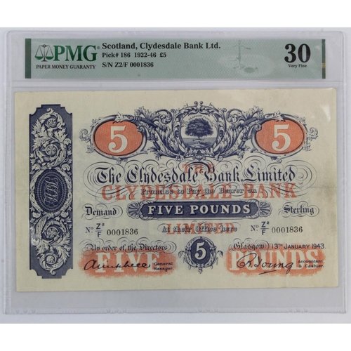 526 - Scotland, Clydesdale Bank 5 Pounds dated 13th January 1943, signed Mitchell & Young, serial Z2/F 000... 