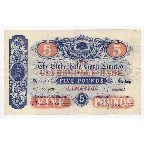 527 - Scotland, Clydesdale Bank 5 Pounds dated 3rd June 1942, signed Mitchell & Young, serial Y2/U 0002035... 