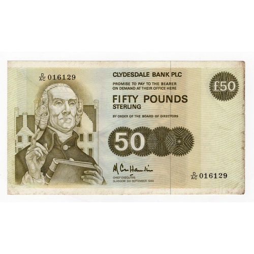 528 - Scotland, Clydesdale Bank 50 Pounds dated 3rd September 1989, signed A.R. Cole Hamilton, serial A/AC... 