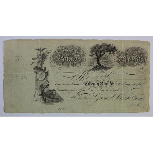 534 - Scotland, Greenock Bank Company 20 Pounds PROOF 18--, no signature or serial number, with counterfoi... 