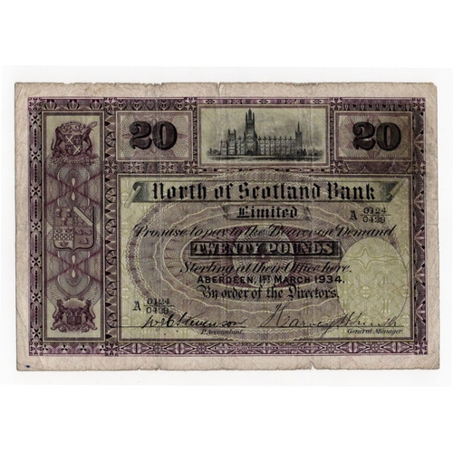 543 - Scotland, North of Scotland Bank 20 Pounds dated 1st March 1934, signed Harvey Smith and handsigned ... 