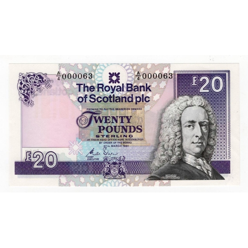 555 - Scotland, Royal Bank of Scotland 20 Pounds dated 27th March 1991, signed C. Winter, a VERY LOW numbe... 