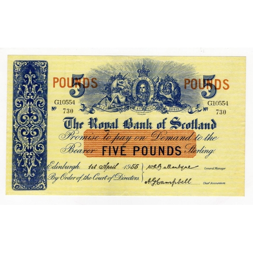 557 - Scotland, Royal Bank of Scotland 5 Pounds dated 1st April 1955, signed Ballantyne & Campbell, serial... 