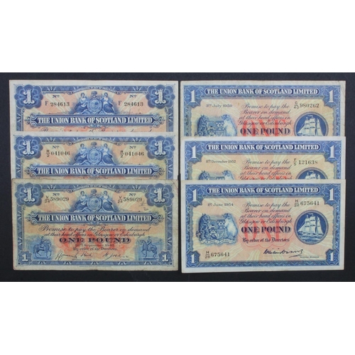 560 - Scotland, Union Bank (6), a collection of 6 x 1 Pound notes all different years of issue, 1931, 1942... 