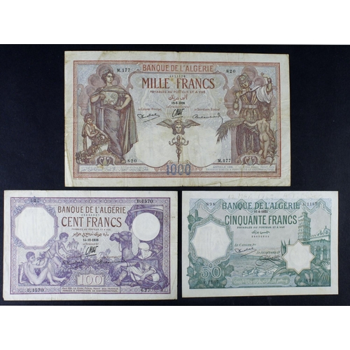 569 - Algeria (3), 1000 Francs dated 1938, 100 Francs dated 1938, 50 Francs dated 1933 (BNB B126, B127 & B... 