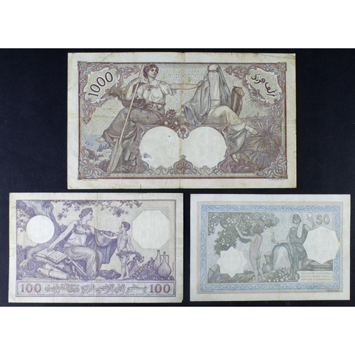 569 - Algeria (3), 1000 Francs dated 1938, 100 Francs dated 1938, 50 Francs dated 1933 (BNB B126, B127 & B... 