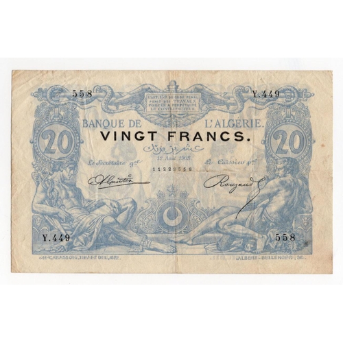 574 - Algeria 20 Francs dated 12th August 1903, serial Y.449 558 (BNB B118a, Pick72) pinholes, original Fi... 