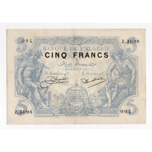 575 - Algeria 5 Francs dated 25th October 1924, serial Z.3098 094 (BNB B117e, Pick71b) pinholes, pressed V... 