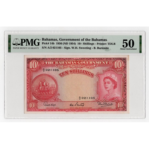 588 - Bahamas 10 Shillings not dated, Law 1936 issued 1954, serial A/2 021105, portrait Queen Elizabeth II... 