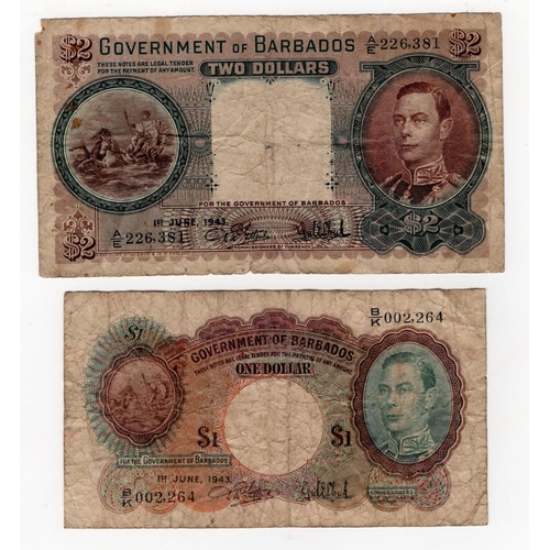 595 - Barbados (2), 2 Dollars & 1 Dollar dated 1st June 1943, portrait of King George VI at right, serial ... 