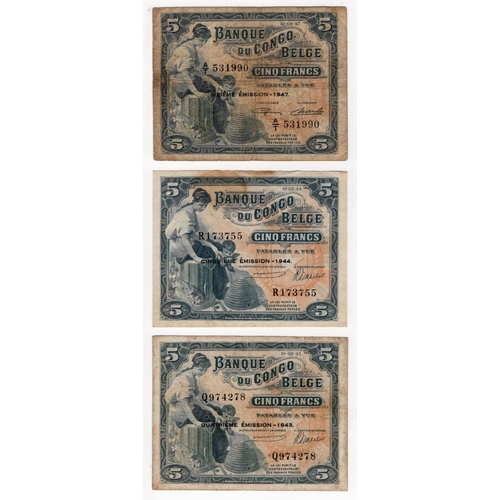 596 - Belgian Congo (3) 5 Francs dated 1943 Quatrieme Emission, 5 Francs dated 1944 Cinquieme Emission, 5 ... 