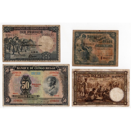 598 - Belgian Congo (4), 50 Francs dated 1951, series Q no. 270654 (BNB B218i, Pick16i), 10 Francs dated 1... 