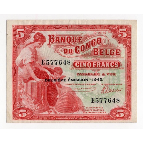 601 - Belgian Congo 5 Francs dated 10th June 1942 with Deuxieme Emission - 1942 overprint, serial E577648 ... 