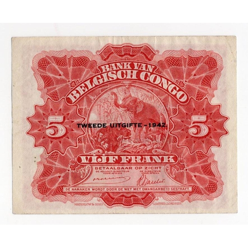 601 - Belgian Congo 5 Francs dated 10th June 1942 with Deuxieme Emission - 1942 overprint, serial E577648 ... 