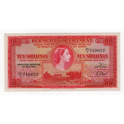 606 - Bermuda 10 Shillings dated 1st May 1957, portrait Queen Elizabeth II at centre, serial H/1 719657 (B... 