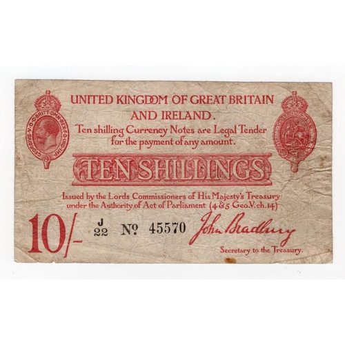 61 - Bradbury 10 Shillings (T12.1) issued 1915, 5 digit serial number J/22 45570 (T12.1, Pick348a) pinhol... 