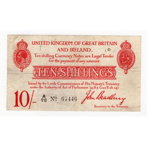 62 - Bradbury 10 Shillings (T12.1) issued 1915, FIRST PREFIX of issue, 5 digit serial number A/78 67446 (... 