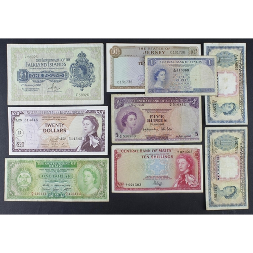 620 - British Commonwealth (9), a group of Queen Elizabeth II portrait notes, Ceylon 5 Rupees and 1 Rupee ... 