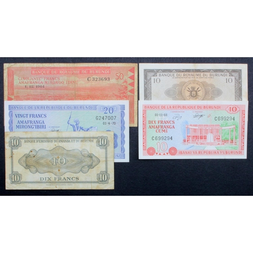 625 - Burundi, Rwanda & Burundi (5), 10 Francs dated 1960, 1965 and 1968, 20 Francs dated 1970, 50 Francs ... 