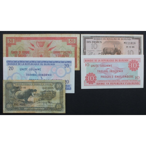 625 - Burundi, Rwanda & Burundi (5), 10 Francs dated 1960, 1965 and 1968, 20 Francs dated 1970, 50 Francs ... 