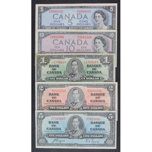 628 - Canada (5), 10 Dollars, 5 Dollars and 1 Dollar dated 1937, King George VI portrait, 10 Dollars and 5... 