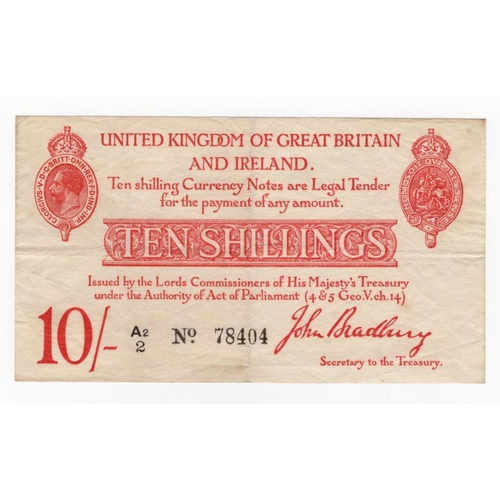 63 - Bradbury 10 Shillings (T12.3) issued 1915, early prefix for type 'A2', 5 digit serial number A2/2 78... 