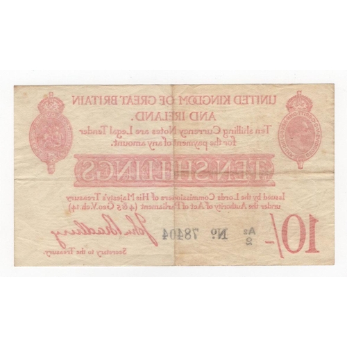 63 - Bradbury 10 Shillings (T12.3) issued 1915, early prefix for type 'A2', 5 digit serial number A2/2 78... 