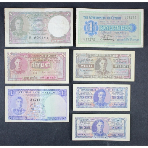 633 - Ceylon (7), 1 Rupee dated 1937, 1 Rupee, 50 Cents, 25 Cents, 10 Cents (2) all dated 1942, 1 Rupee da... 