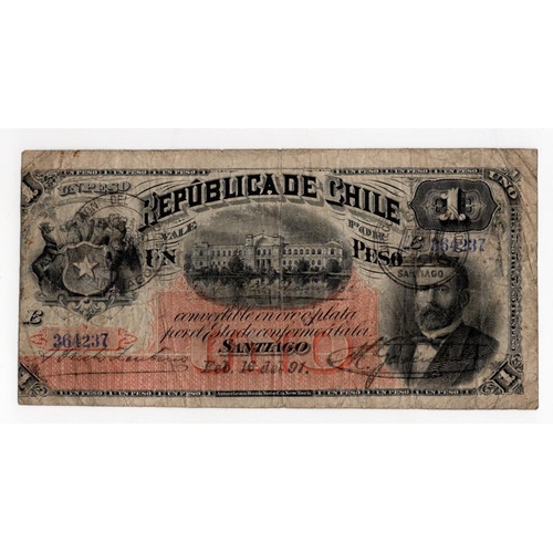 634 - Chile 1 Peso dated 1891, serial number 364237 (Pick11b) Fine