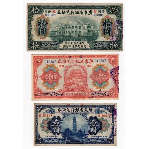 637 - China (3), Provincial Bank of Kwang Tung Province 1 Dollar, 5 Dollars and 10 Dollars dated 1918, Eng... 