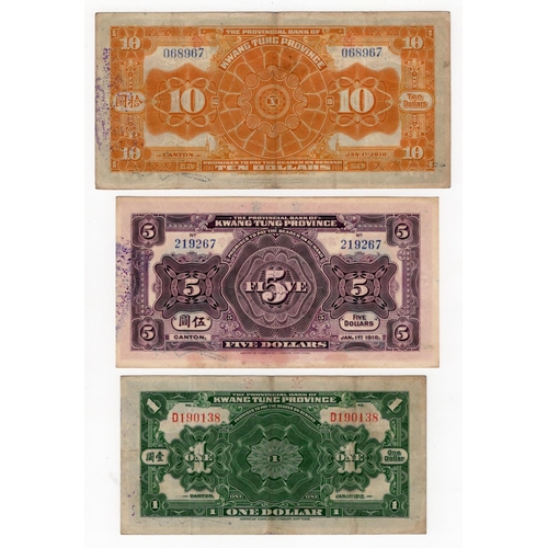 637 - China (3), Provincial Bank of Kwang Tung Province 1 Dollar, 5 Dollars and 10 Dollars dated 1918, Eng... 