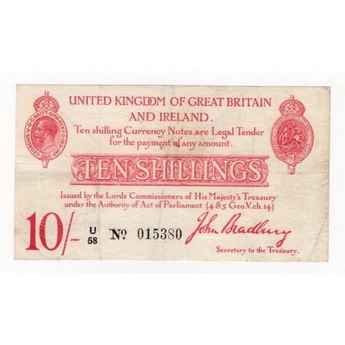 65 - Bradbury 10 Shillings (T13.1) issued 1915, serial U/58 015380 (T13.1, Pick348a) light dirt, original... 