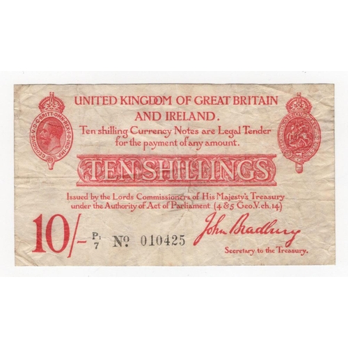 66 - Bradbury 10 Shillings (T13.2) issued 1915, 6 digit serial number P1/7 010425 (T13.2, Pick348a) Fine+