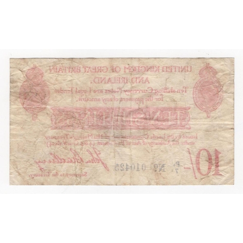 66 - Bradbury 10 Shillings (T13.2) issued 1915, 6 digit serial number P1/7 010425 (T13.2, Pick348a) Fine+