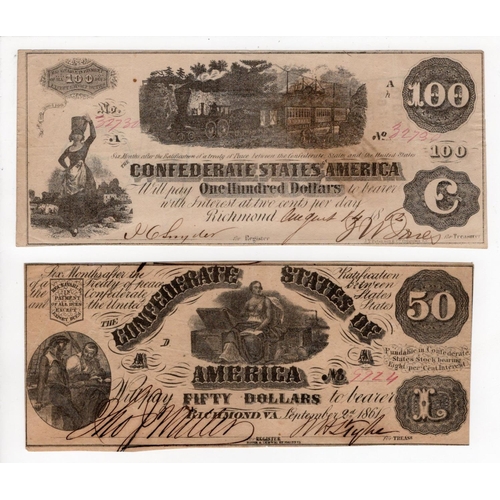 664 - Confederate States of America (2), 100 Dollars dated 2nd October 1862, rarer early date, serial No. ... 