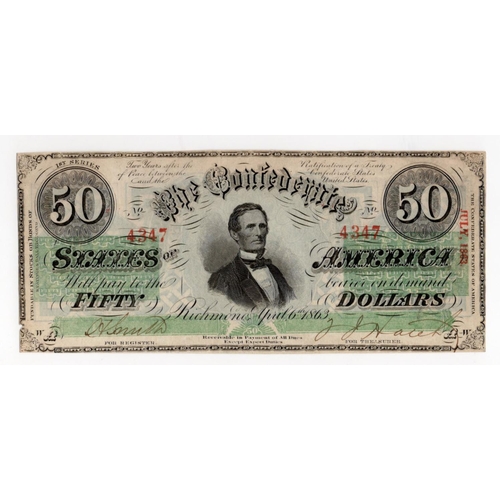 666 - Confederate States of America, 50 Dollars dated 6th April 1863, serial No. 4347 Plate WA 1st Series ... 