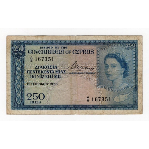 669 - Cyprus 250 Mils dated 1st February 1956, serial A/8 167351 (BNB B133b, Pick33a) some dirt, Fine