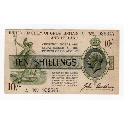 67 - Bradbury 10 Shillings (T17) issued 1918, serial A/18 939647, No. with dot (T17, Pick350a) toned pape... 