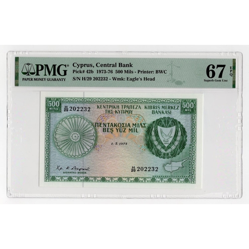 672 - Cyprus 500 Mils dated 1st May 1973, serial H/29 202232 (BNB B302g, Pick42b) in PMG holder graded 67 ... 