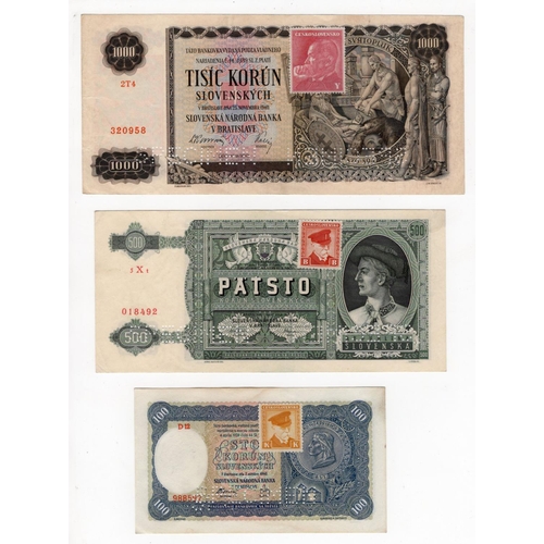 673 - Czechoslovakia (3), a group of specimen notes with adhesive stamps on Slovakia issues, 1000 Korun da... 