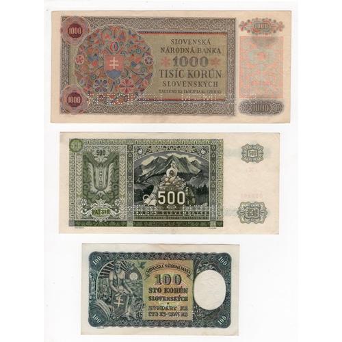 673 - Czechoslovakia (3), a group of specimen notes with adhesive stamps on Slovakia issues, 1000 Korun da... 