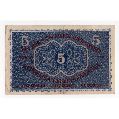 677 - Czechoslovakia 5 Korun dated 15th April 1919, serial no. 0119 (BNB B108a, Pick7a) light dirt/stain V... 