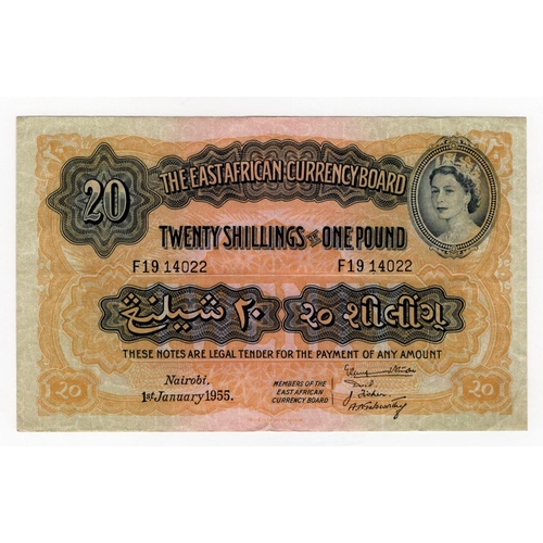 683 - East African Currency Board 20 Shillings or 1 Pound dated 1st January 1955, serial F19 14022, portra... 