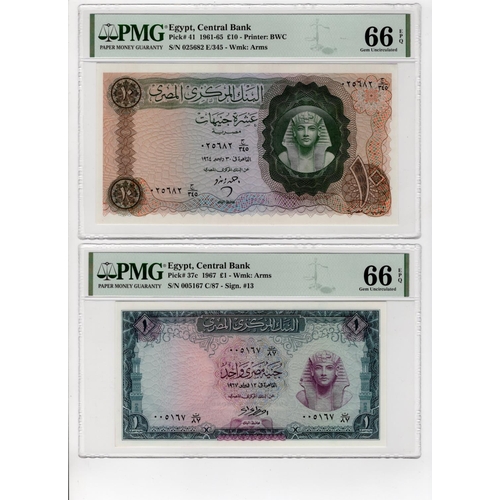 687 - Egypt (2), 10 Pounds dated 1964 signed Zendo, serial 025682 E/345 (BNB B307b, Pick41), 1 Pound dated... 