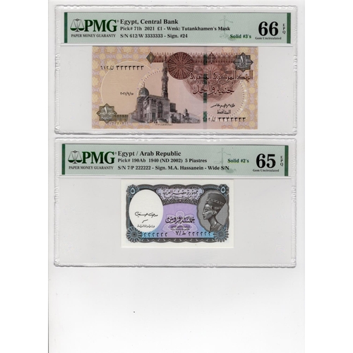 689 - Egypt (2), a pair of SOLID serial numbers, 5 Piastres Law 1940 issued 2002, signed M.A. Hassanein, S... 