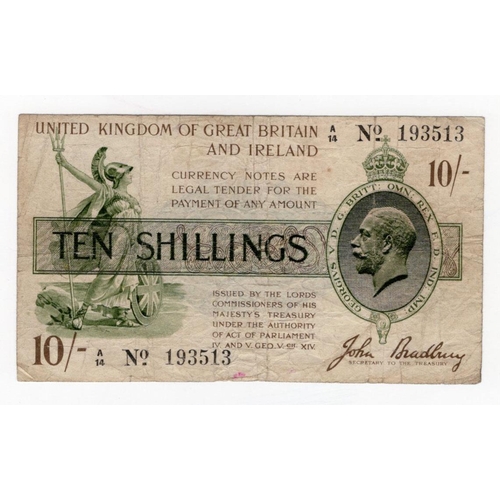 69 - Bradbury 10 Shillings (T18) issued 1918, serial A/14 193513, No. with dash (T18, Pick350a) small hol... 