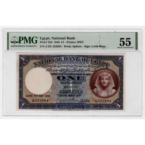 694 - Egypt 1 Pound dated 19th May 1948, signed Leith-Ross, serial J/101 522894 (BNB B121f, Pick22d) in PM... 