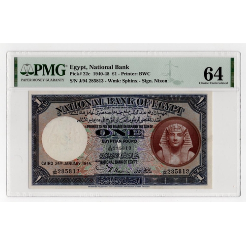 695 - Egypt 1 Pound dated 24th January 1945, signed Nixon, serial J/94 285813 (BNB B121c, Pick22c) in PMG ... 