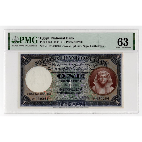 696 - Egypt 1 Pound dated 26th May 1948, signed Leith-Ross, serial J/107 430266 (BNB B121f, Pick22d) in PM... 