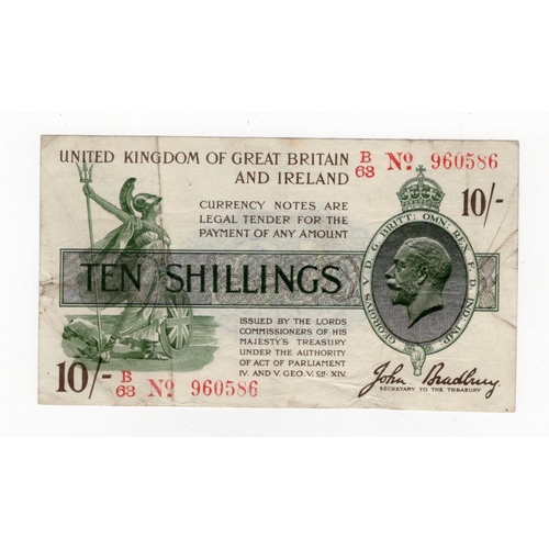 70 - Bradbury 10 Shillings (T20) issued 1918, red serial B/63 960586, No. with dash (T20, Pick350b) some ... 